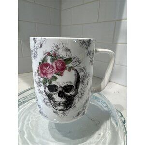 Portobello By Design Halloween Skull With Pink Roses, Bone China Mug 4.75" Tall